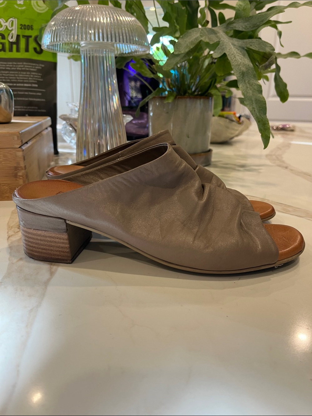 Everly Gia taupe coloured leather mules with 1.75” stacked heel & leather insole